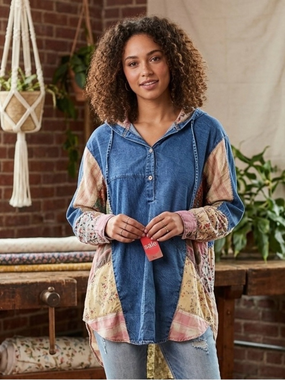 Young Threads Boho Denim Patchwork Hoodie Tunic Top Small